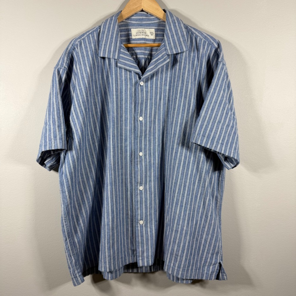 Abercrombie & Fitch Striped Summer Linen Blend Button Up Blue XXL